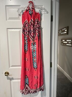 Halter Maxi Dress in Coral with Aztec Print